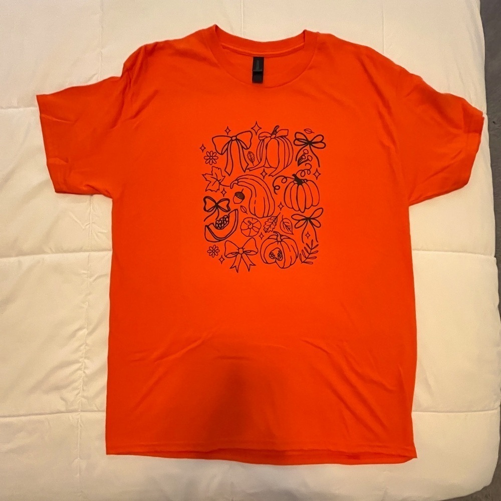 Coquette Fall Design. Gildan Tee size Large. Orange